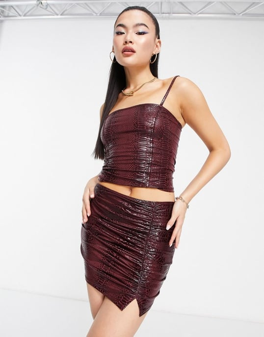 ASYOU high shine croc ruched mini skirt co-ord in chocolate-Brown