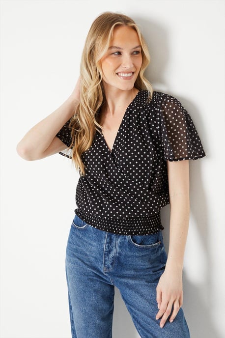 Spot Chiffon Shirred Hem Wrap Blouse - Image 4