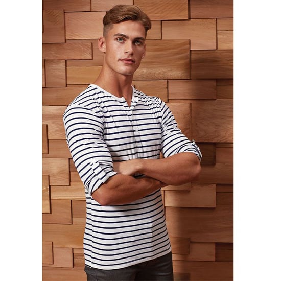 Premier Mens Long John Roll Sleeve Tee (White/Navy) - Image 4