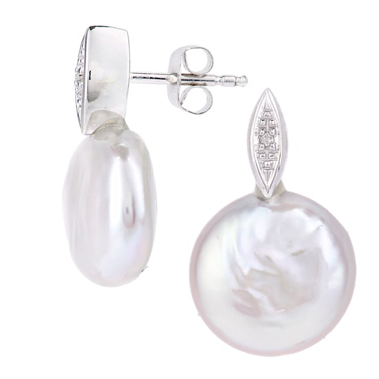 9ct White Gold, 0.01ct Diamonds with White Cultured pearl Earrings