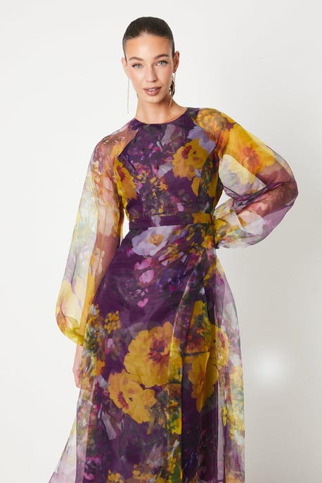 Organza Wrap Waist Puff Sleeve Midi Dress