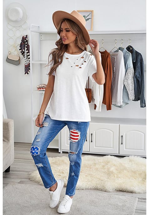Women's Crew Neck Cotton Mixed T-shirt in White - Image 6
