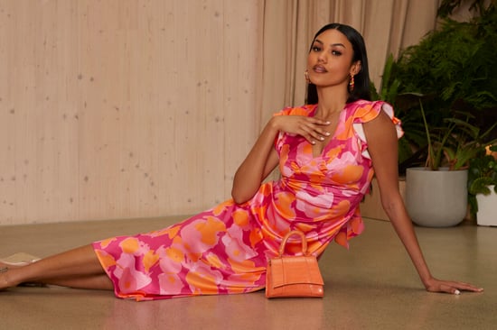 V Neck Ruffle Detail Abstract Print Midi Dress in Pink