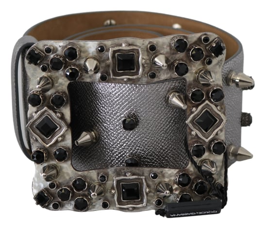 Dolce & Gabbana Women's Silver Leather Crystal Stud Logo Buckle Belt - Image 5