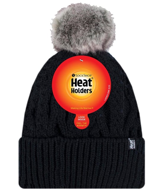 Ladies Ribbed Cuffed Pom Pom Bobble Beanie Hat with Fleece Lining - Image 2