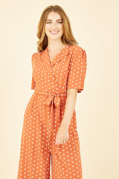 Orange Spot Print Retro Culotte Jumpsuit