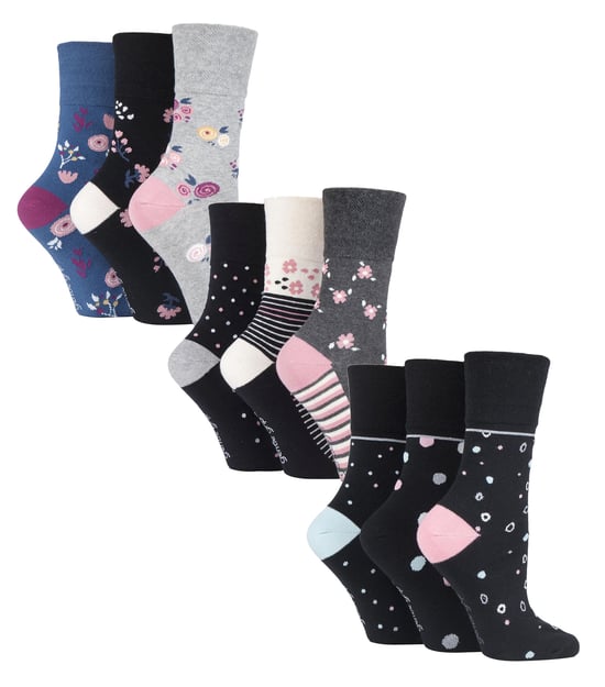 9 Pair Multipack Ladies Cotton Crew Non Elastic Socks | Gentle Grip | Womens Soft Top Striped Patterned Non Binding Socks - Floral Spot - Image 1