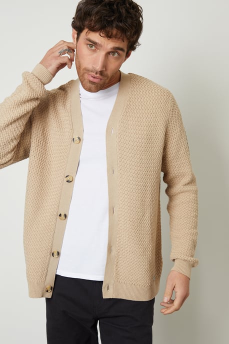 Brown Basket Stitch V-neck Cardigan