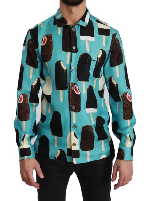 Dolce & Gabbana Blå Silkesglasstryck Lätt Samtalsherre Skjorta - Image 1