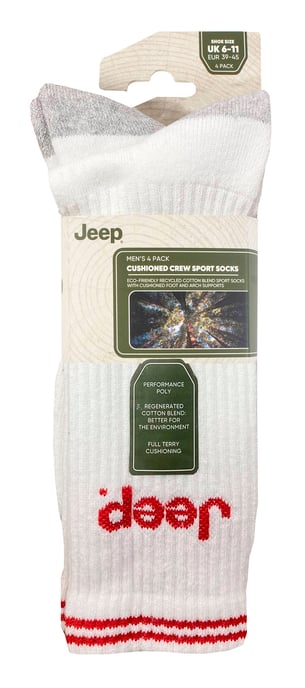 Mens Sport Crew Socks | Jeep | 4 Pack Cotton Running Socks with Reinforced Heel and Toe - White - Image 2