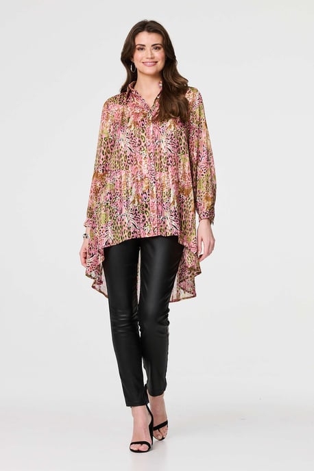 Pink Animal Print High Low Semi Sheer Shirt