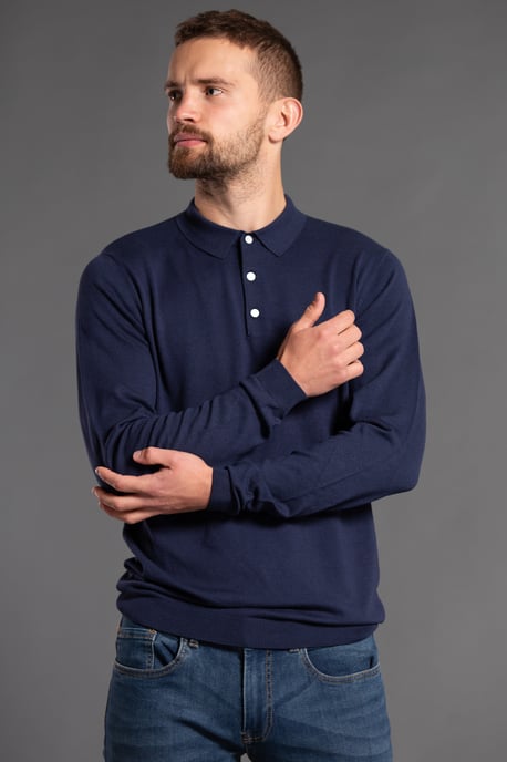 Navy Knitted Long Sleeve Polo