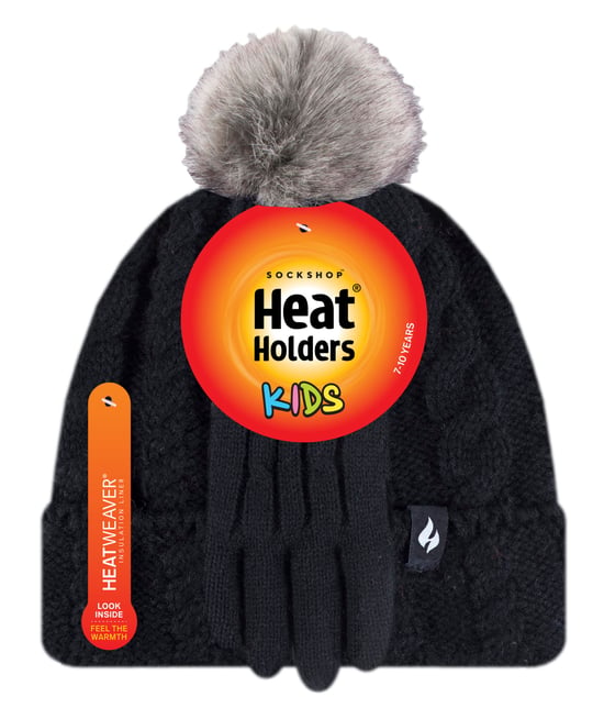 Heat Holders - Girls Bobble Pom Pom Hat and Gloves Set | Turn Over Cuff Hat & Cable Knit Gloves Style - Black - Image 2