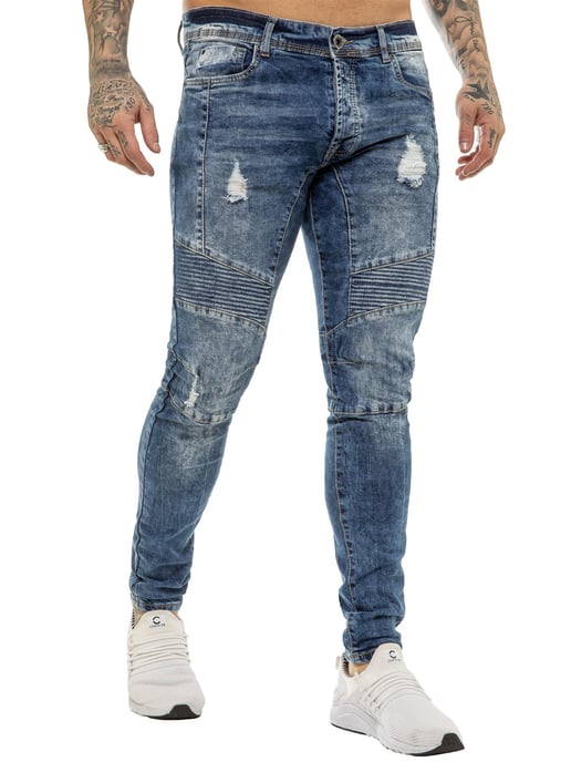 Enzo | Mens Skinny Stretch Biker Denim Jeans - Blue - Image 3