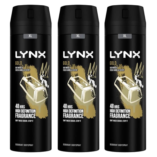 Lynx XL 48-H High Definition Fragrance Gold Body Spray Deodorant 3 Pack, 200ml - Image 1