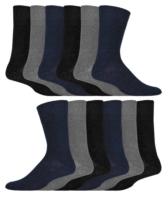 12 Pair Multipack Gentle Grip Top Diabetic Socks | IOMI | Mid Calf Loose Top Non Elastic Cotton Socks with Handlinked Seamless Toe - Black / Navy / Grey - Image 1
