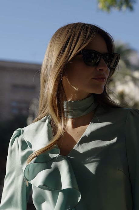 Pale Green Satin Ruffle Detail Blouse