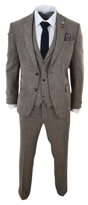 Mens Oak Brown 3 Piece Tweed Suit Vintage Harringbone 1920s Retro Peaky Blinders - Image 2