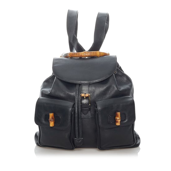 Vintage Gucci Bamboo Drawstring Leather Backpack Black