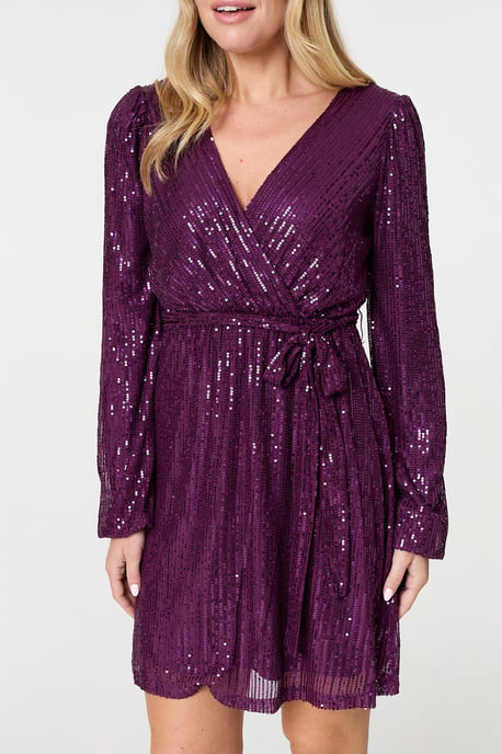 Purple Sparkly Sequin Long Sleeve Mini Wrap Dress