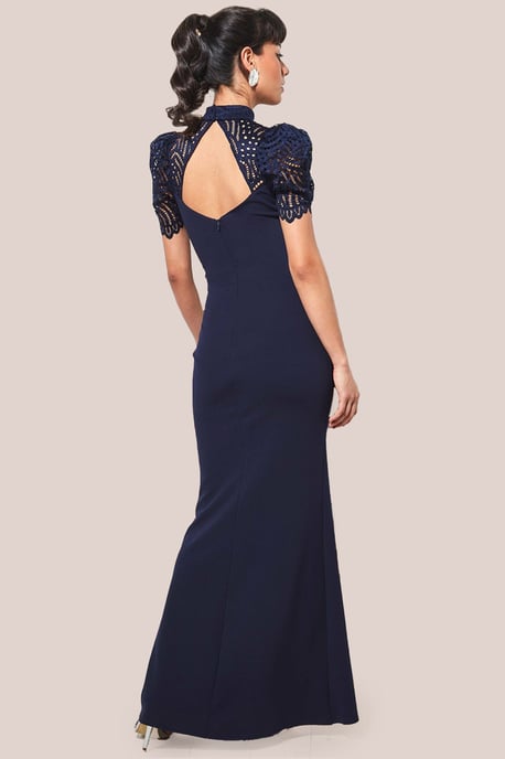 Open Back Puffed Lace Top Maxi Dress