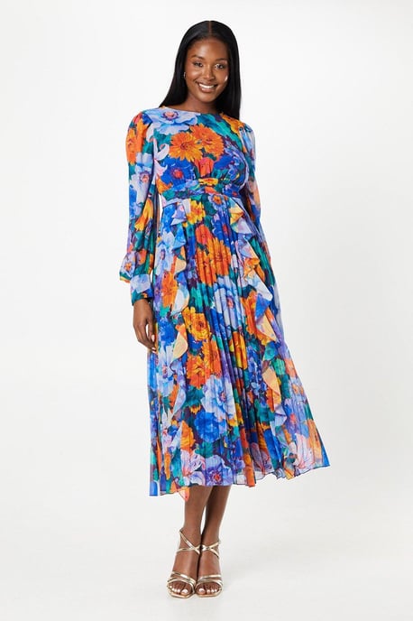 Printed Ruffle And Pleated Midi Dress With Blouson Sleeve - Image 1