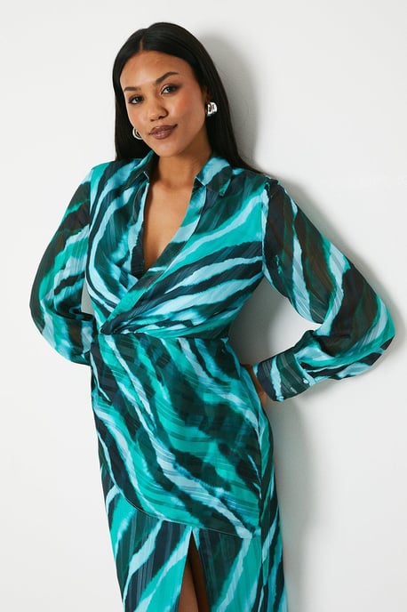 Printed Satin Wrap Front Shirt Dress