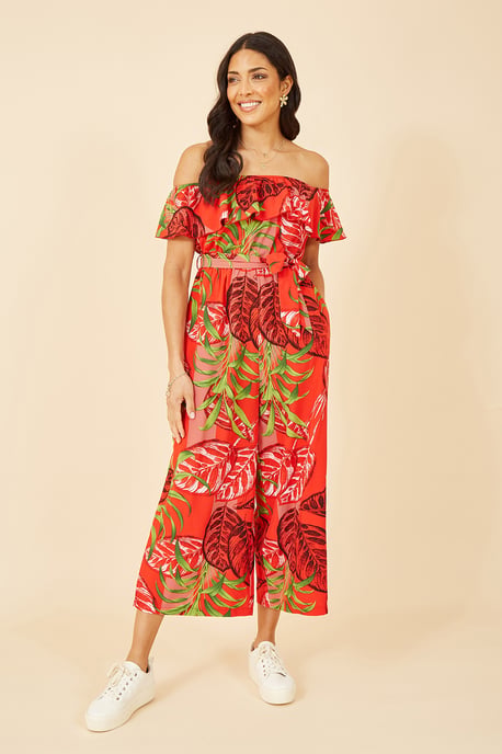 Red Tropical Leaf Print Bardot Jumpsuit