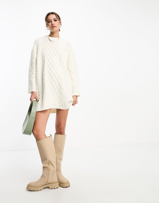 ASOS DESIGN knitted oversized cable mini jumper dress in cream-White
