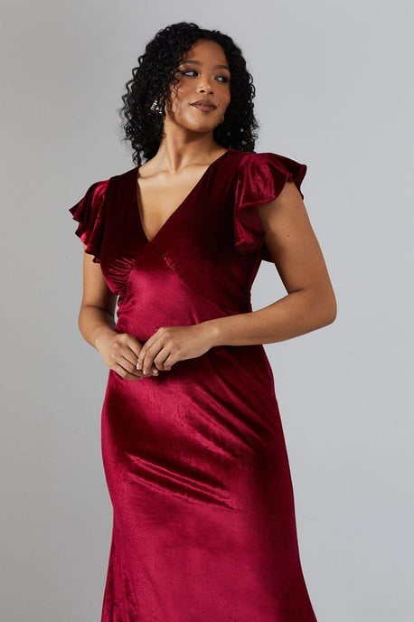 V Neck Ruffle Sleeve Velvet Bridesmaids Dress