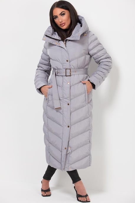 Jess Women’s Long Puffer Coat with Belt & Hood