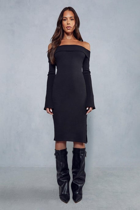 Rib Off The Shoulder Long Sleeve Midi Dress