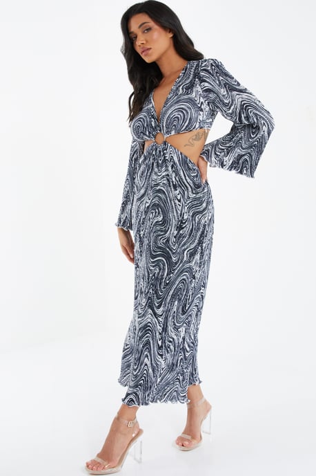 Black Plisse Swirl Midaxi Dress