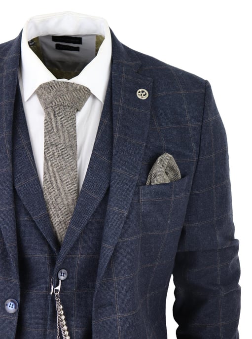 Mens 3 Piece Wool Suit Navy Blue Tweed Check Peaky Blinders 1920 Gatsby Formal - Image 4