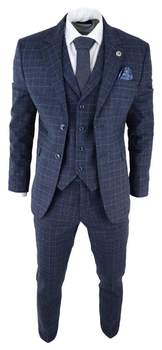 Mens Blue Check 3 Piece Tweed Suit Peaky Blinders 1920s Gatsby Tailored Fit - Image 2