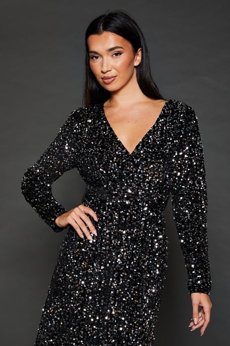 Velvet Sequin Wrap Midi Dress