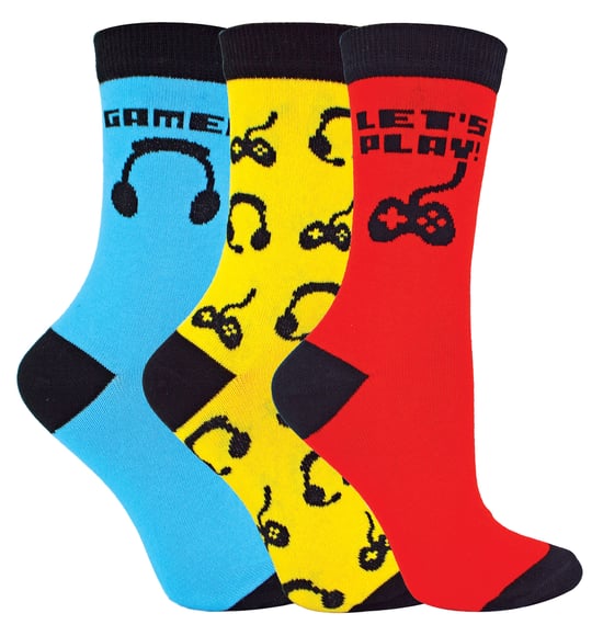 3 Pack Kids Gaming Socks | Sock Snob | Fun Design Novelty Funny Video Gaming Socks for Boys & Girls - Red / Blue / Yellow - Image 1