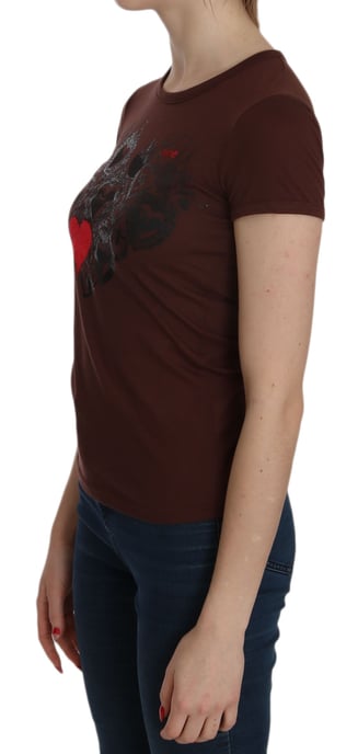 Exte Women's Brown Heart Print Crew Neck T-shirt Short Sleeve Blouse