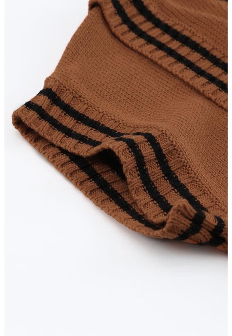 Women's Contrast Stripes V Neck Short Sleeve Sweater in Brown - Image 6