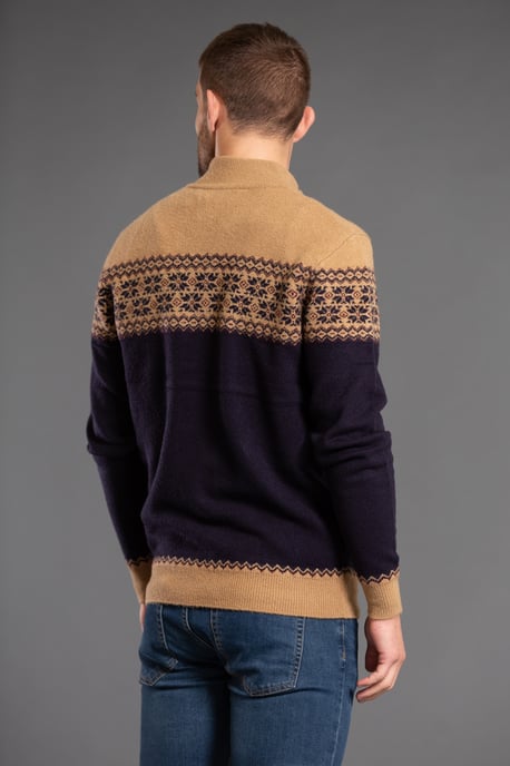 Camel 1/4 Zip Colourblock And Jacquard Funnel Neck Jumper