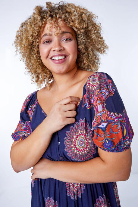 Curve Boho Print Sweetheart Midi Dress