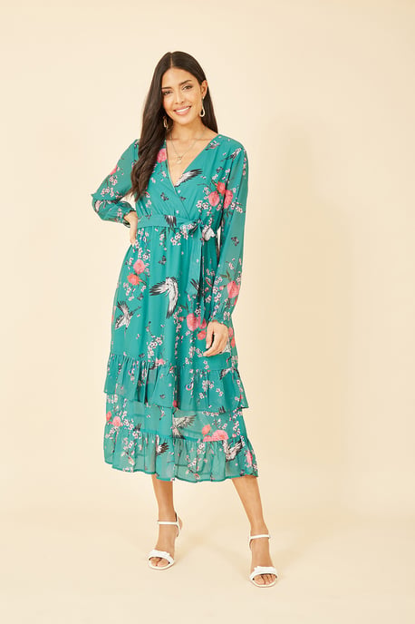Green Crane Print Long Sleeve Wrap Midi Dress