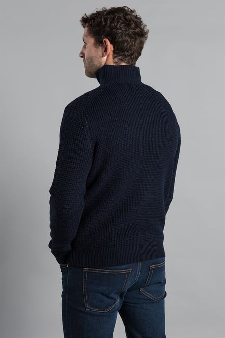 Dark Navy Waffle Knit Jumper With 1/4 Zip Funnel Neck