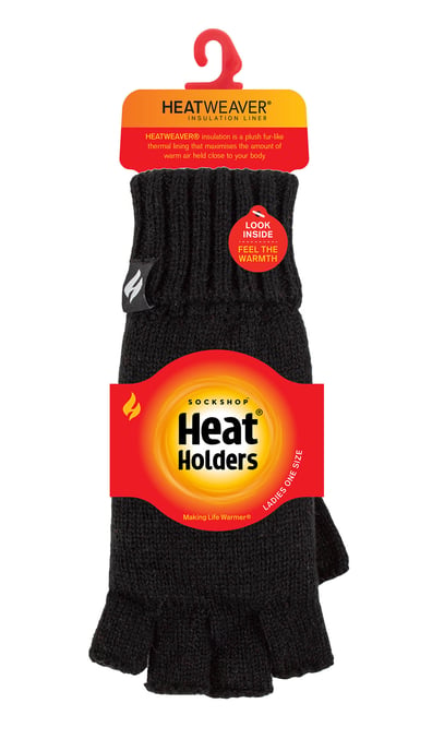 Ladies Solid Knitted Fingerless Gloves | HEAT HOLDERS | Black - Image 2