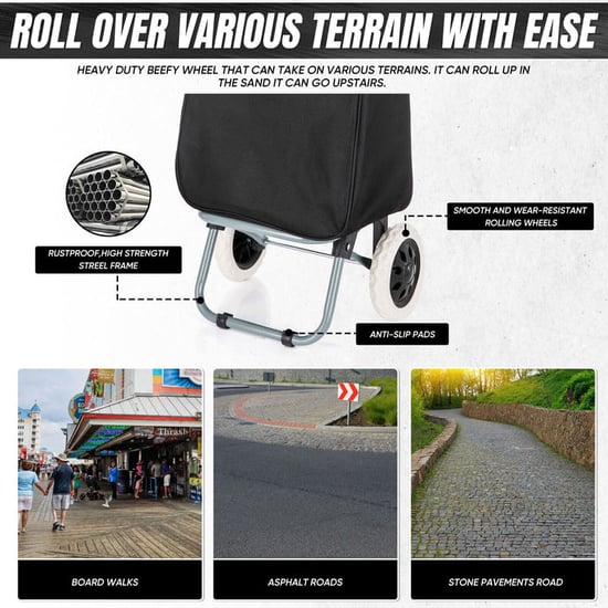 40L Black Lightweight Wheeled Folding Durable Cart Strong Grocery Bag Shopping Trolley