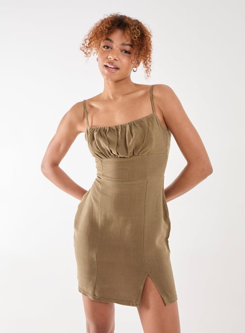 Linen Ruched Strappy Mini Dress