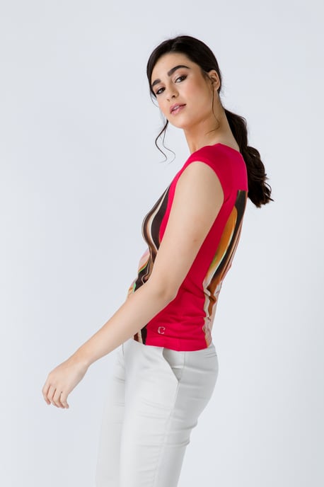 Red Print Detail Cap Sleeve Top