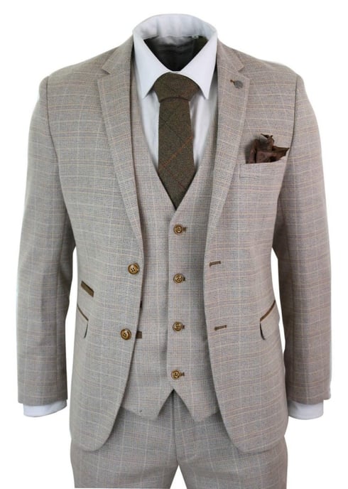Heren 3-delige Beige Tweed Ruit Vintage Retro Kostuum - Image 1