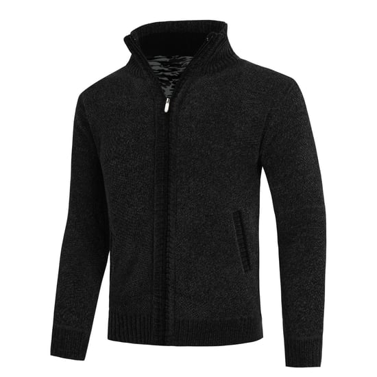 Men's Cardigan with Zip and Stand-Up Collar, Lined Chunky Knit Pullover Black - Image 2