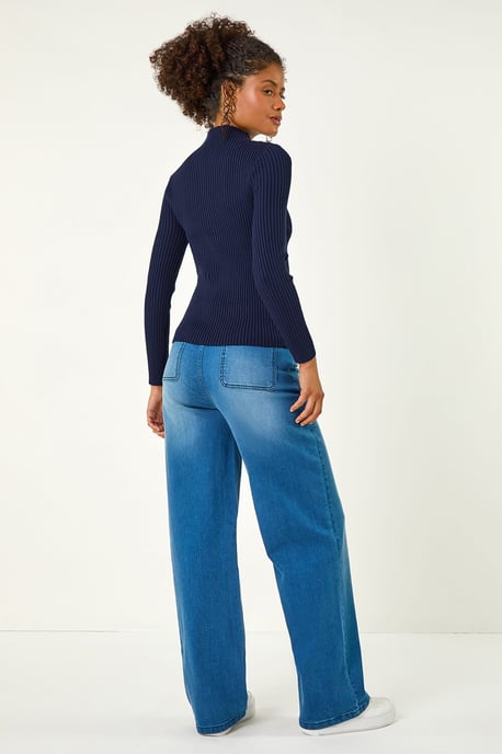 High Neck Button Detail Rib Jumper